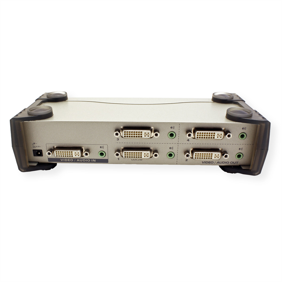 Silver AV switcher with ports. Has video/audio in and out ports, with a power input.