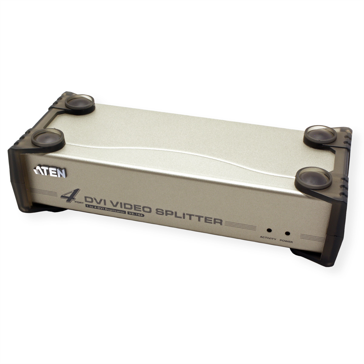 Silver DVI video splitter with black ends and 4 ports. The ATEN logo is visible.