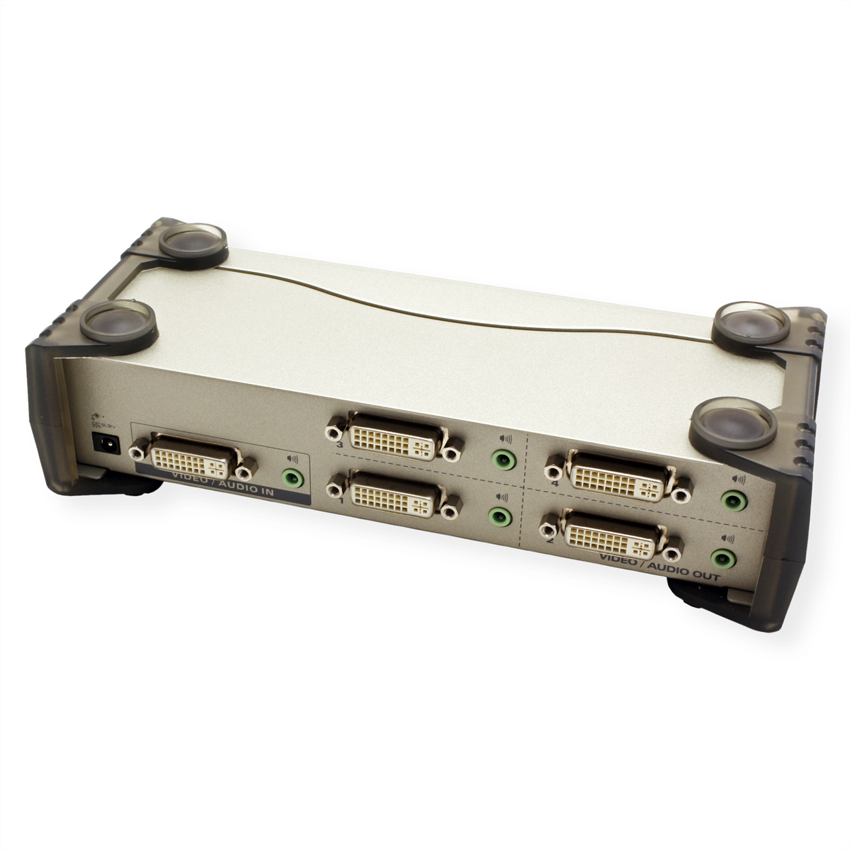 Silver video/audio device with ports and suction cups. White background.