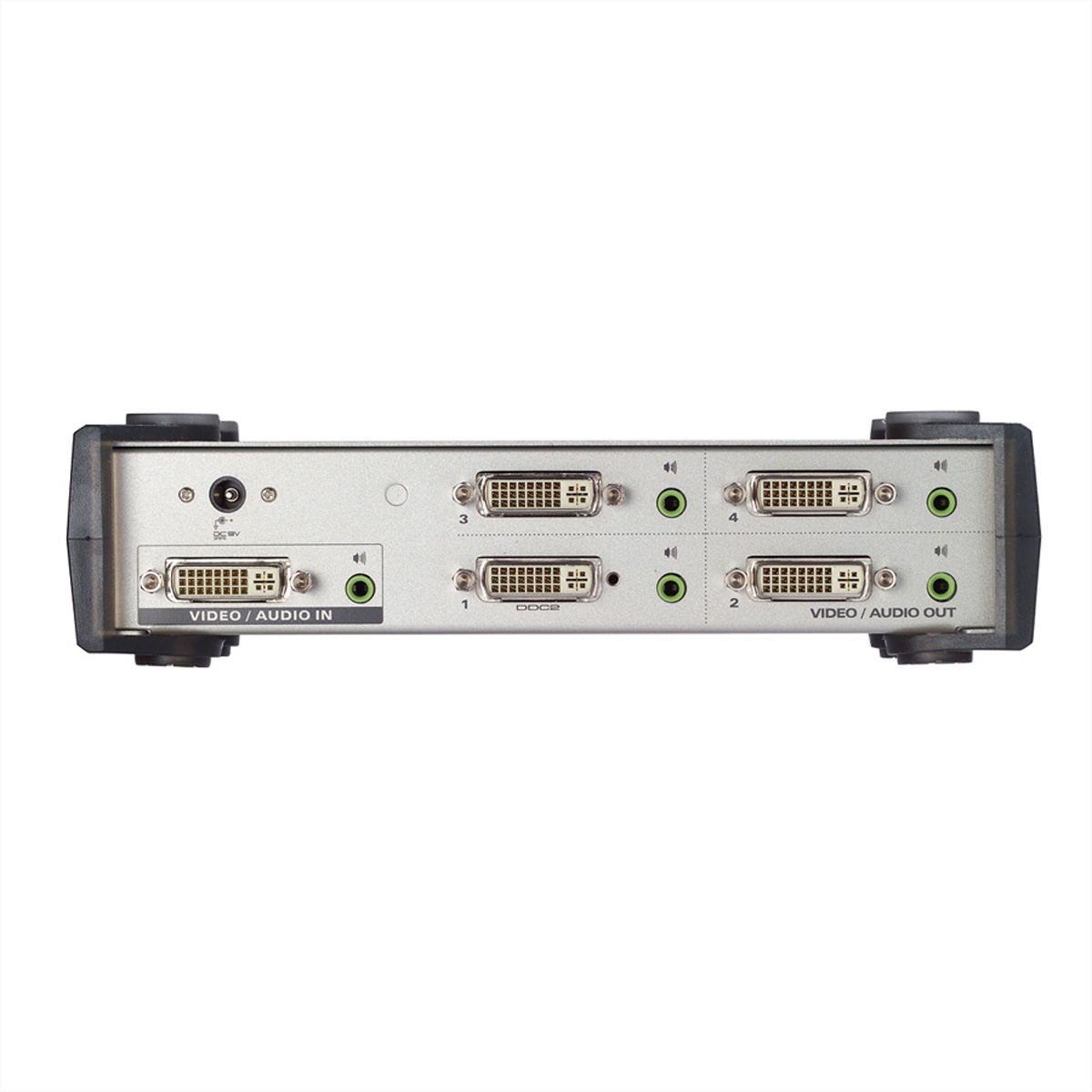 Back view of a device with video and audio ports: DVI, audio in/out. The device is silver and black.