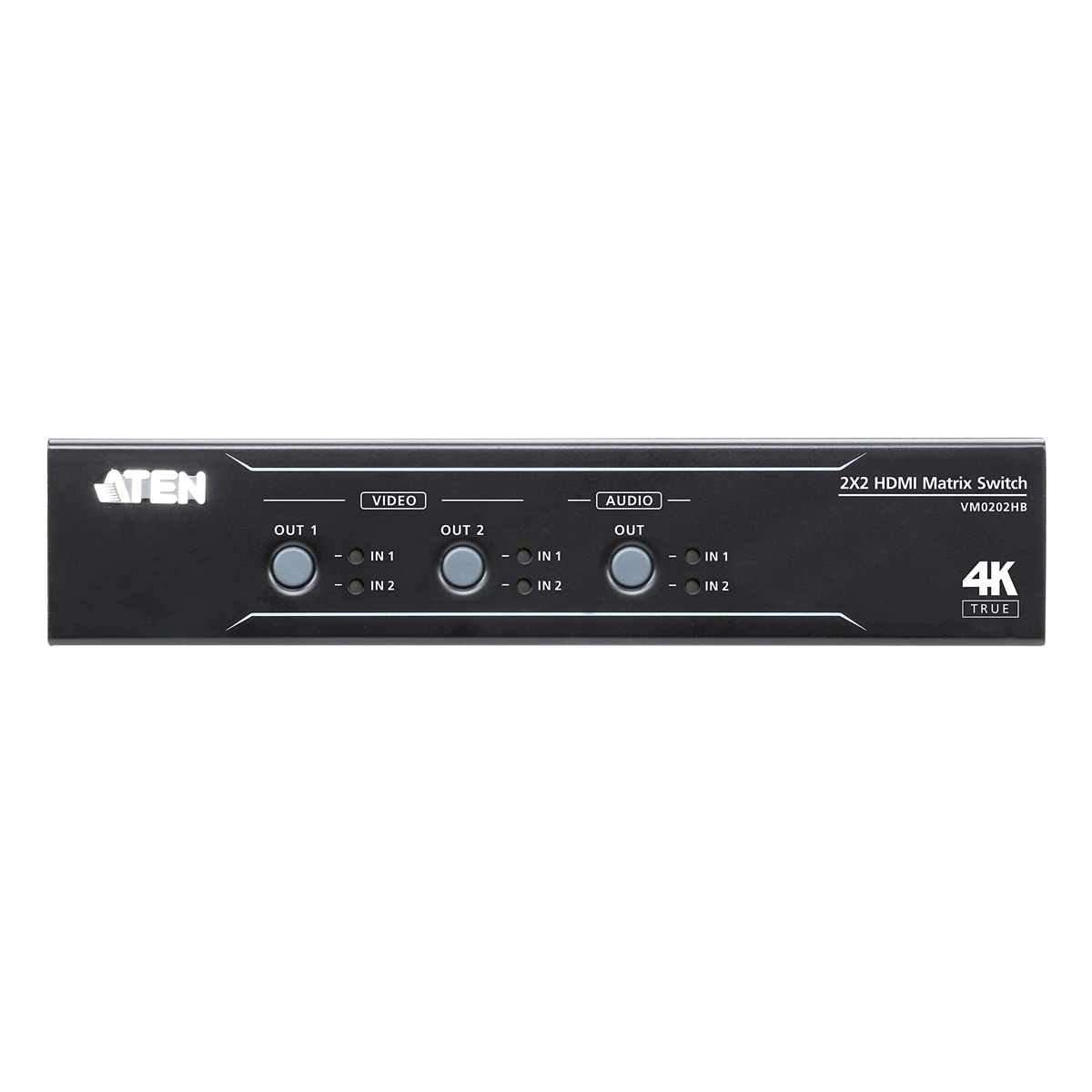 Black HDMI matrix switch with buttons and labels on a white background.