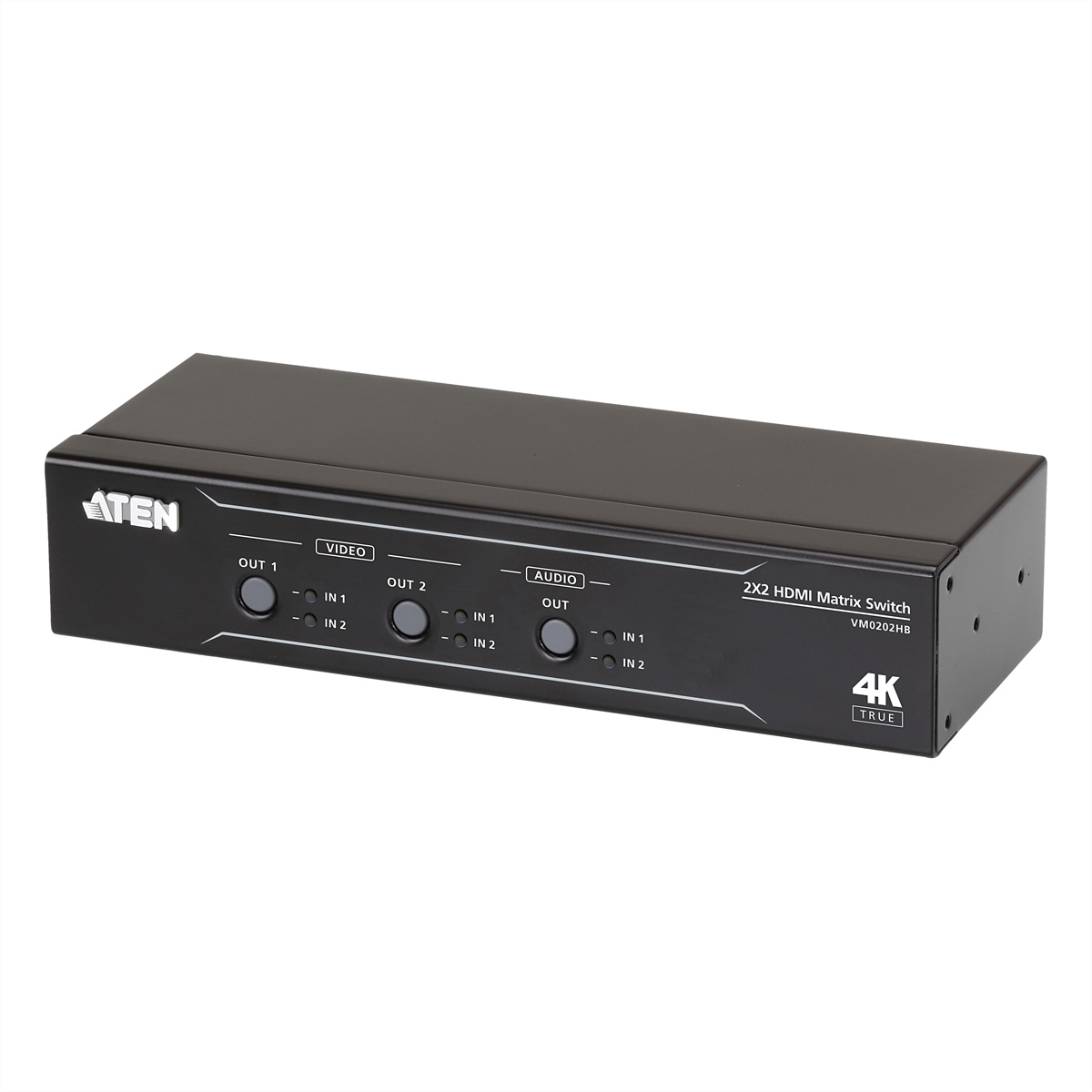 Black HDMI matrix switch with multiple ports and buttons, labeled with text and icons.