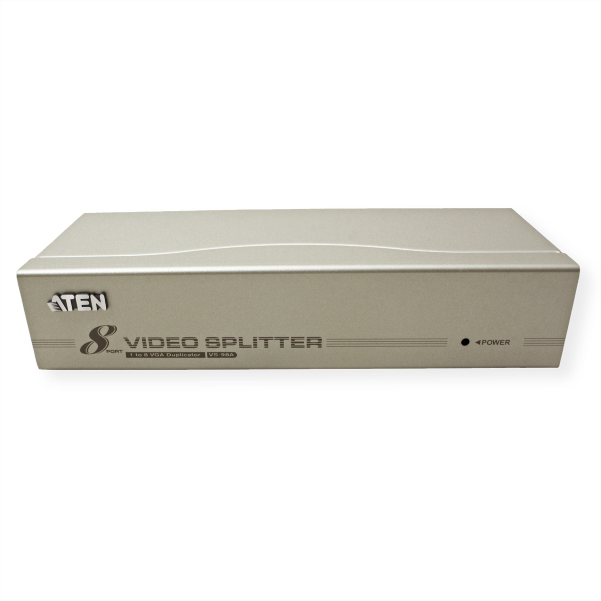 Silver video splitter device with ATEN and 8 port labels. White background.
