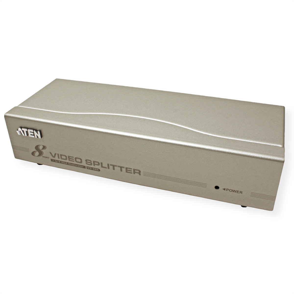 A silver video splitter device with the word 'ATEN' written on it is shown.