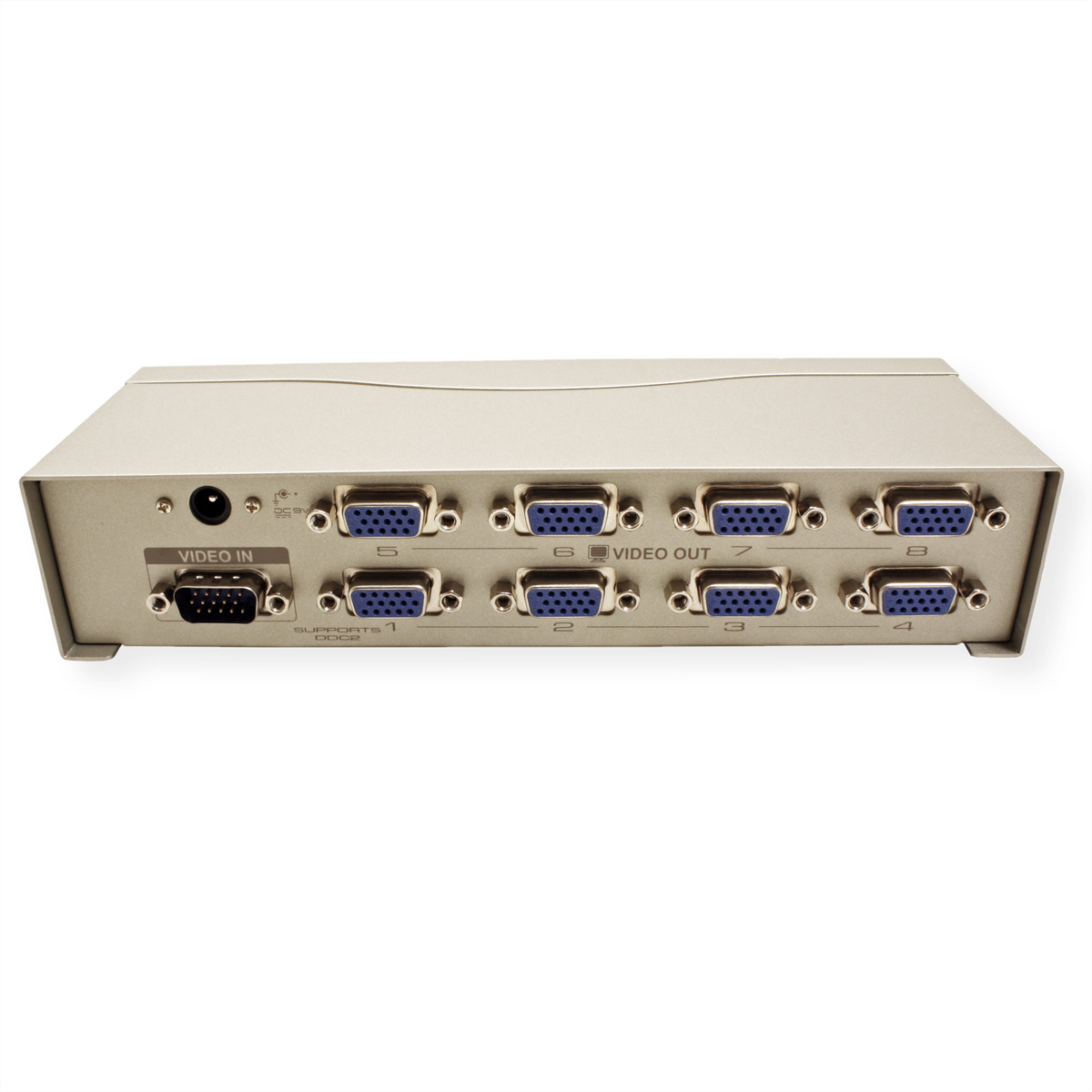 Silver video switch with multiple VGA ports. The device has a video in and out port.