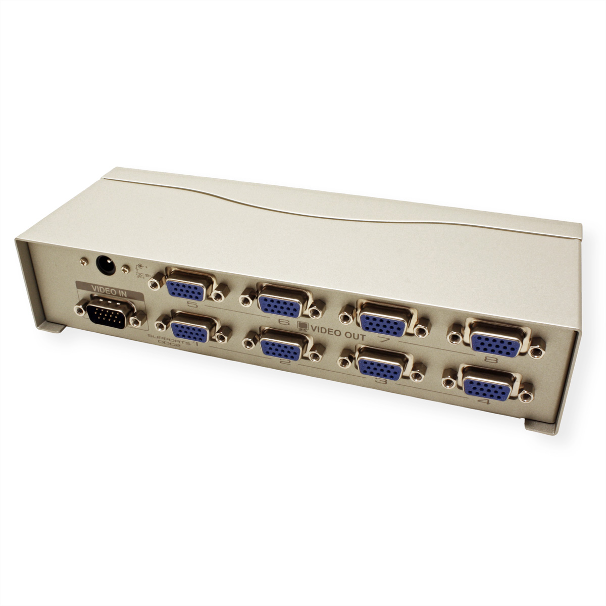 Silver video device with multiple blue VGA ports and video input/output labels.