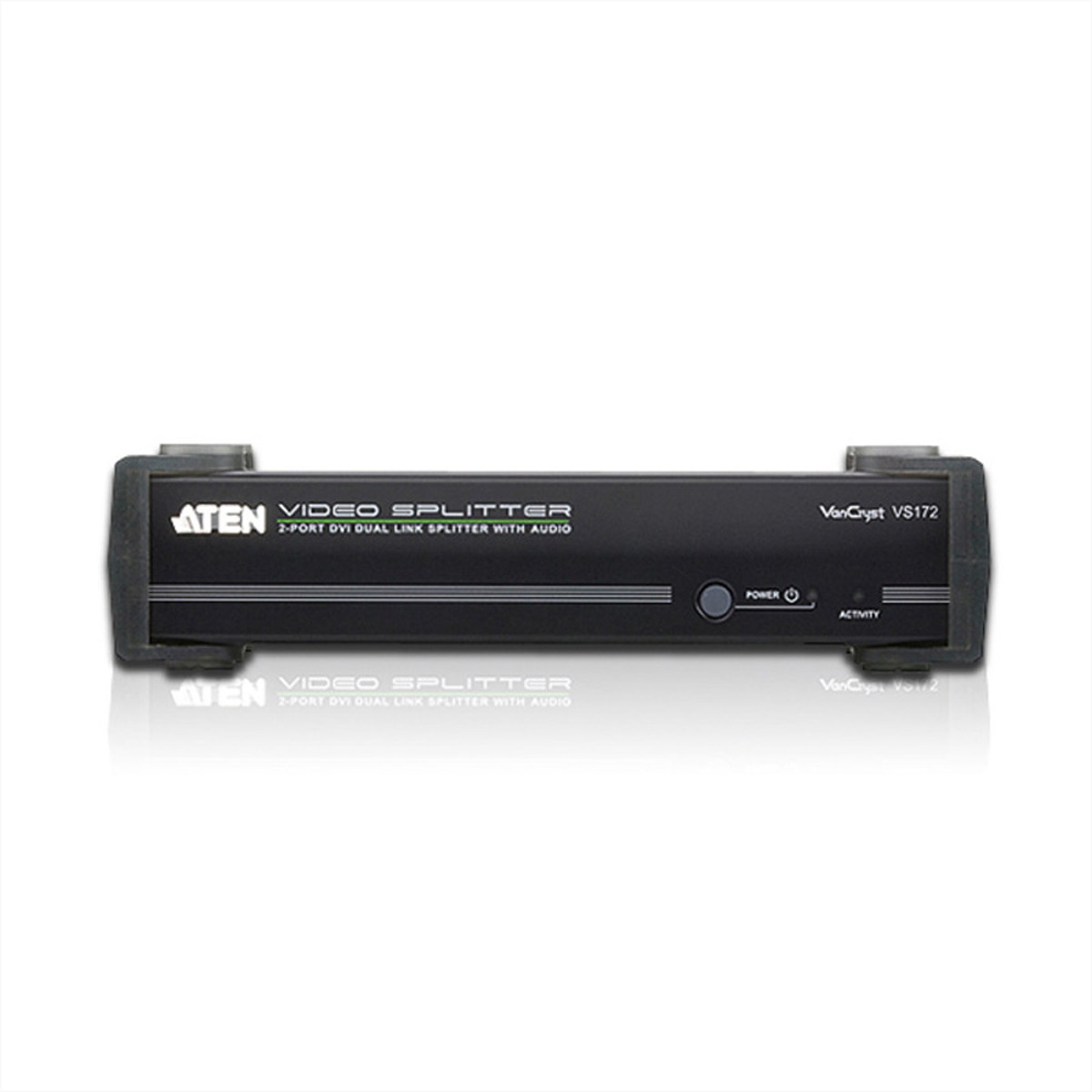 Dispositivo splitter video nero con sfondo bianco.