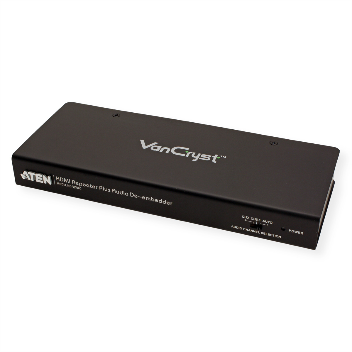 Schwarzer HDMI-Repeater und Audio-De-Embedder auf weißem Hintergrund.