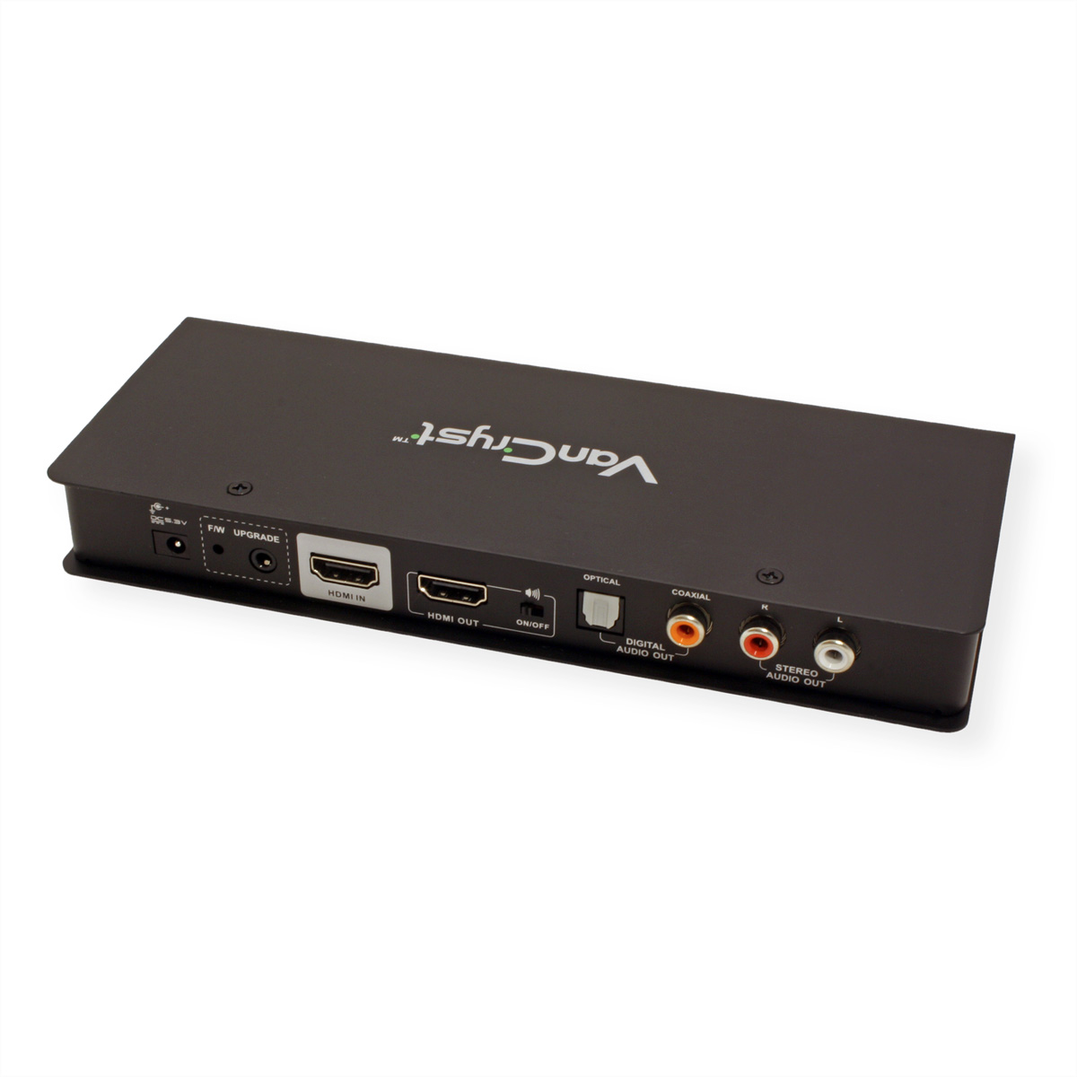 Ein schwarzes Gerät mit HDMI-, Audio- und Stromanschlüssen. Das Gerät hat ein 'VanCryst'-Logo und einen Einschaltknopf.