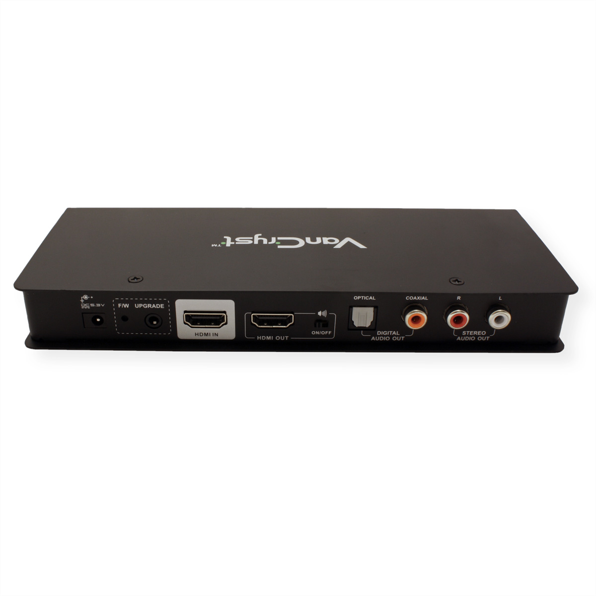 Schwarzes Gerät mit Anschlüssen. HDMI, optisch, koaxial und Stereo-Audio. VanCrysy™-Logo.