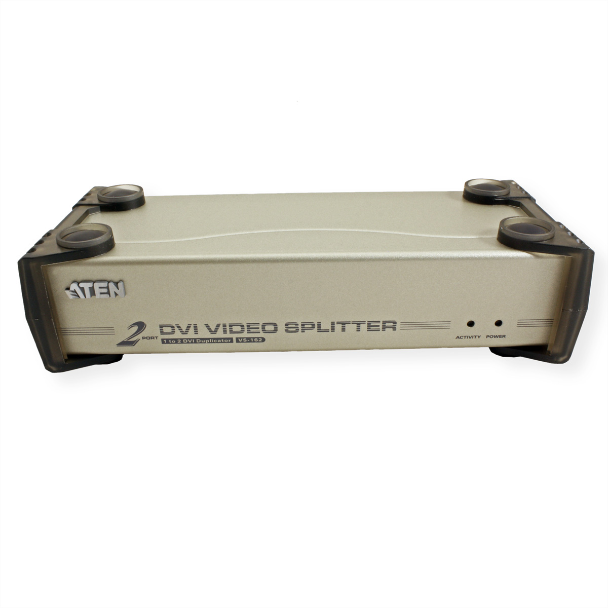 Silberner DVI-Video-Splitter. Rechteckig mit schwarzen Gummifüßen und ATEN-Logo vorne.