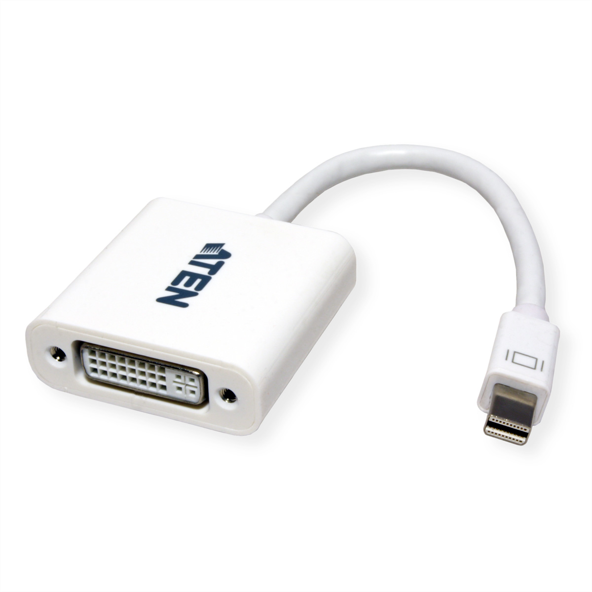 Weißer Adapter mit DVI- und Mini-DisplayPort-Anschlüssen. Er hat die Marke ATEN. Der Hintergrund ist weiß.