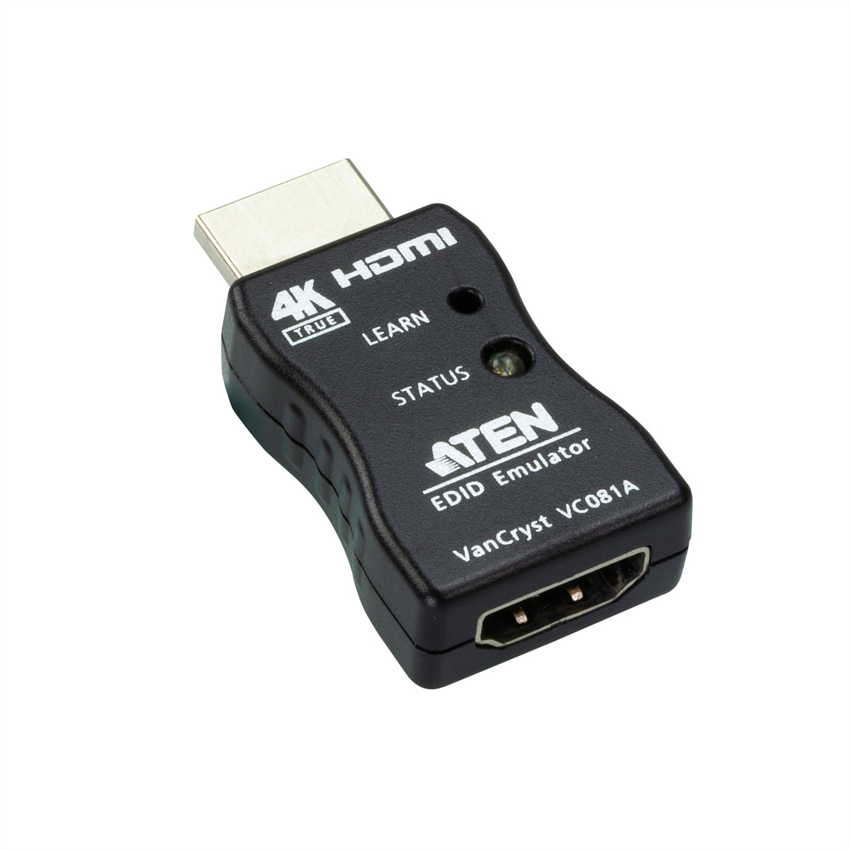 Un adattatore HDMI nero con logo 4K HDMI e marchio ATEN. Ha un indicatore di stato.