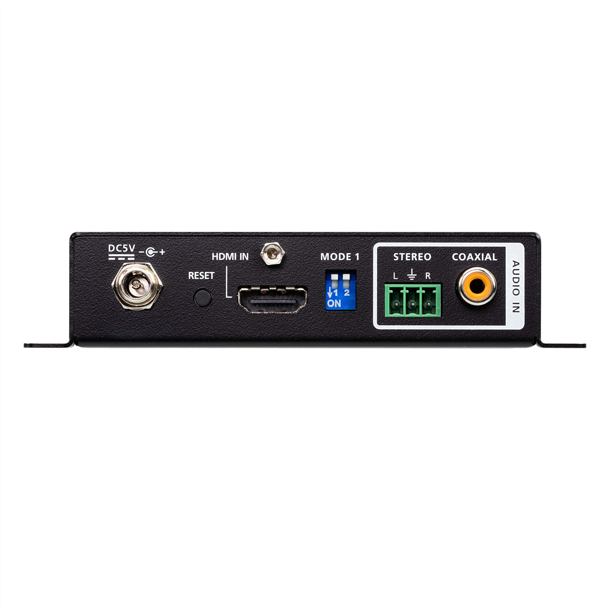 Schwarzer HDMI-Adapter mit Anschlüssen: DC5V, HDMI IN, MODE 1/2, STEREO, COAXIAL und AUDIO IN.