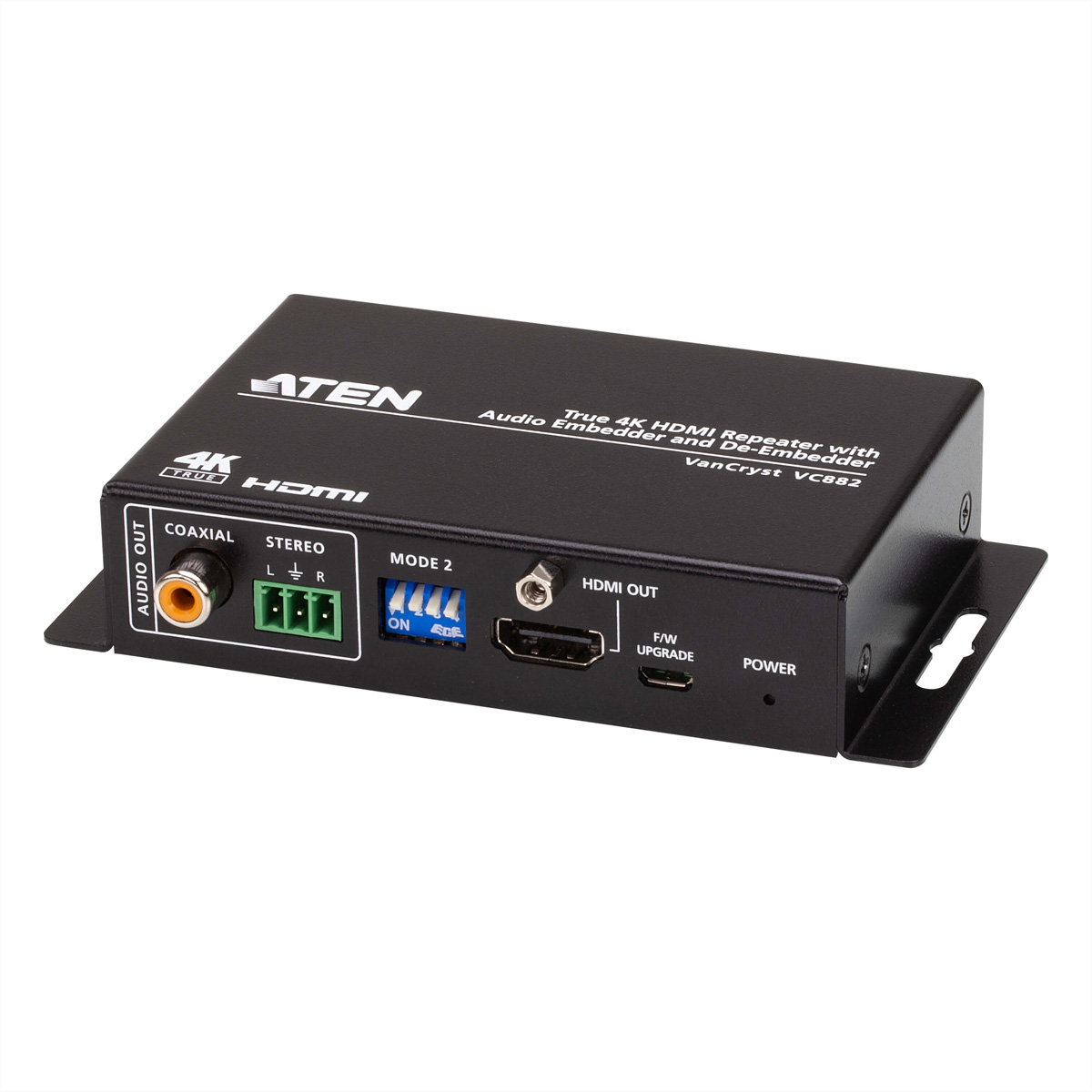 Schwarzer HDMI-Repeater mit Anschlüssen. Text: 'ATEN', '4K HDMI' und 'Audio Embedder'.