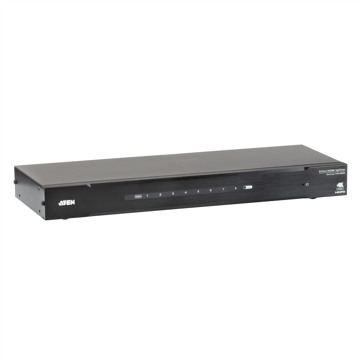 Black HDMI splitter. Eight labeled outputs on the front. White background.
