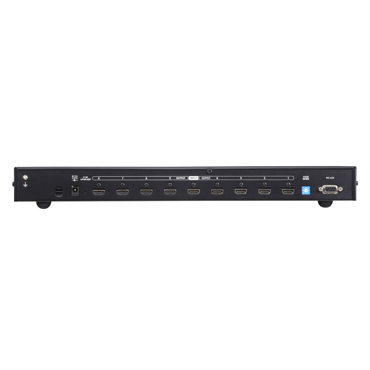 Black electronic device with HDMI ports and other connectors on the back.  White background.  Top view.