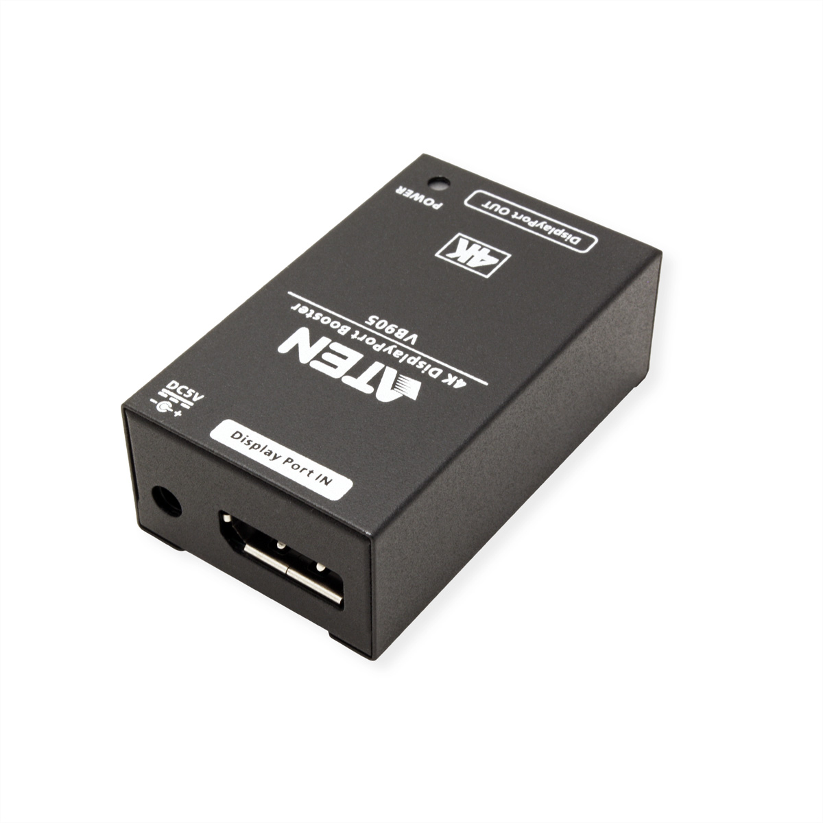 Czarny wzmacniacz portu wyświetlacza ATEN 4K, z portami i etykietami. Białe tło.