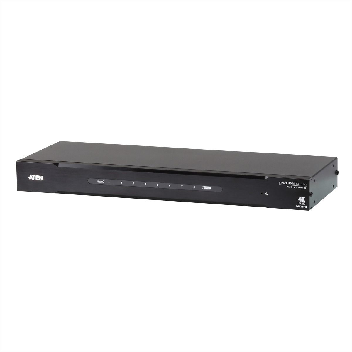 An 8-Port HDMI splitter, black, with numbered ports and an ATEN logo.