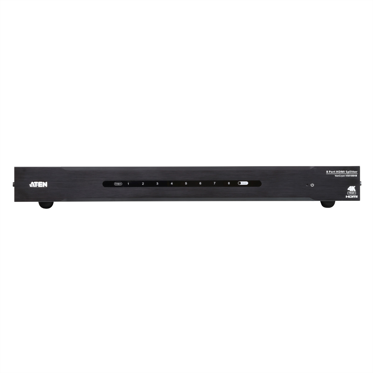 Black HDMI switch device with numbered ports. The brand name is ATEN.