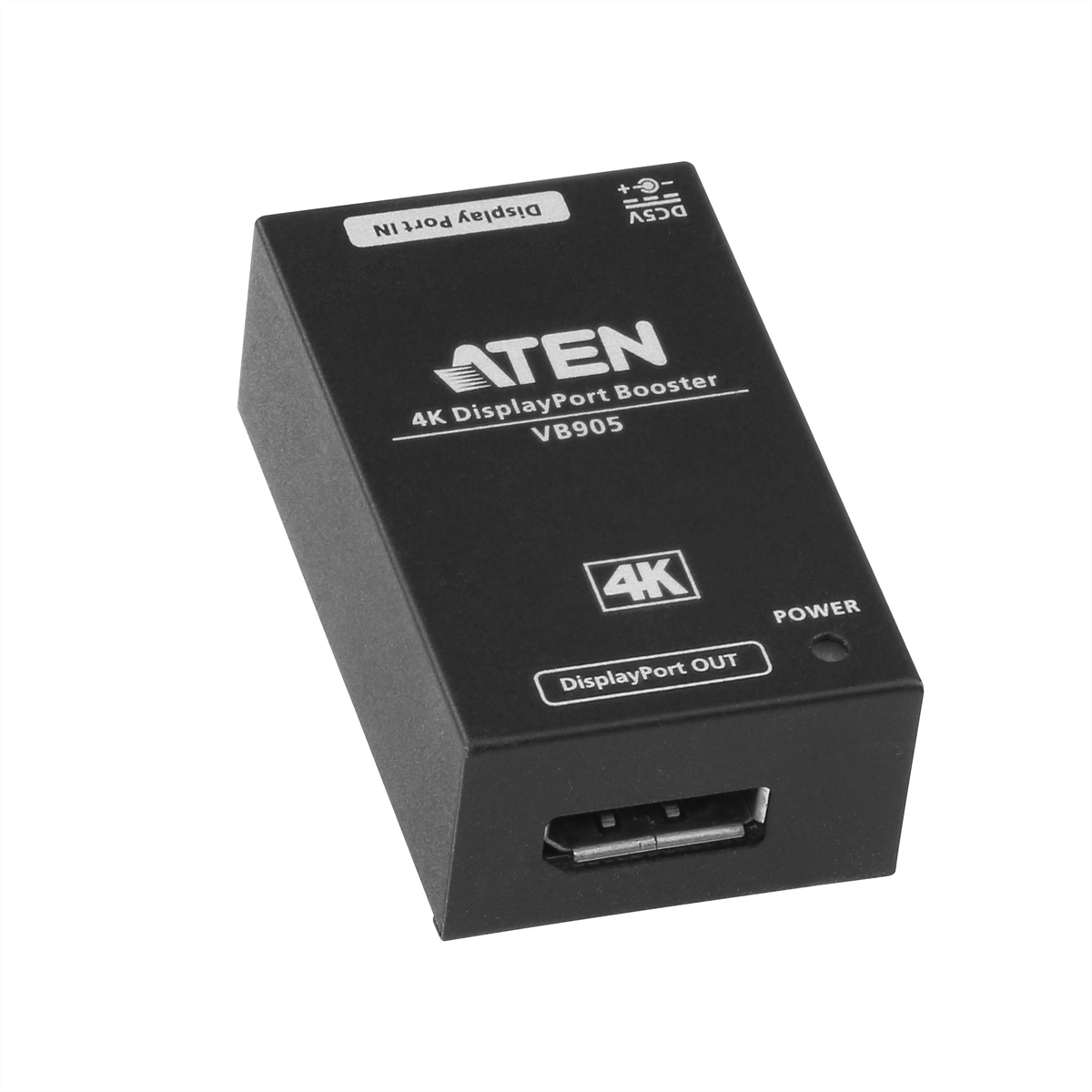 Czarne urządzenie z portami i tekstem 'ATEN'. To wzmacniacz DisplayPort 4K. Białe tło.