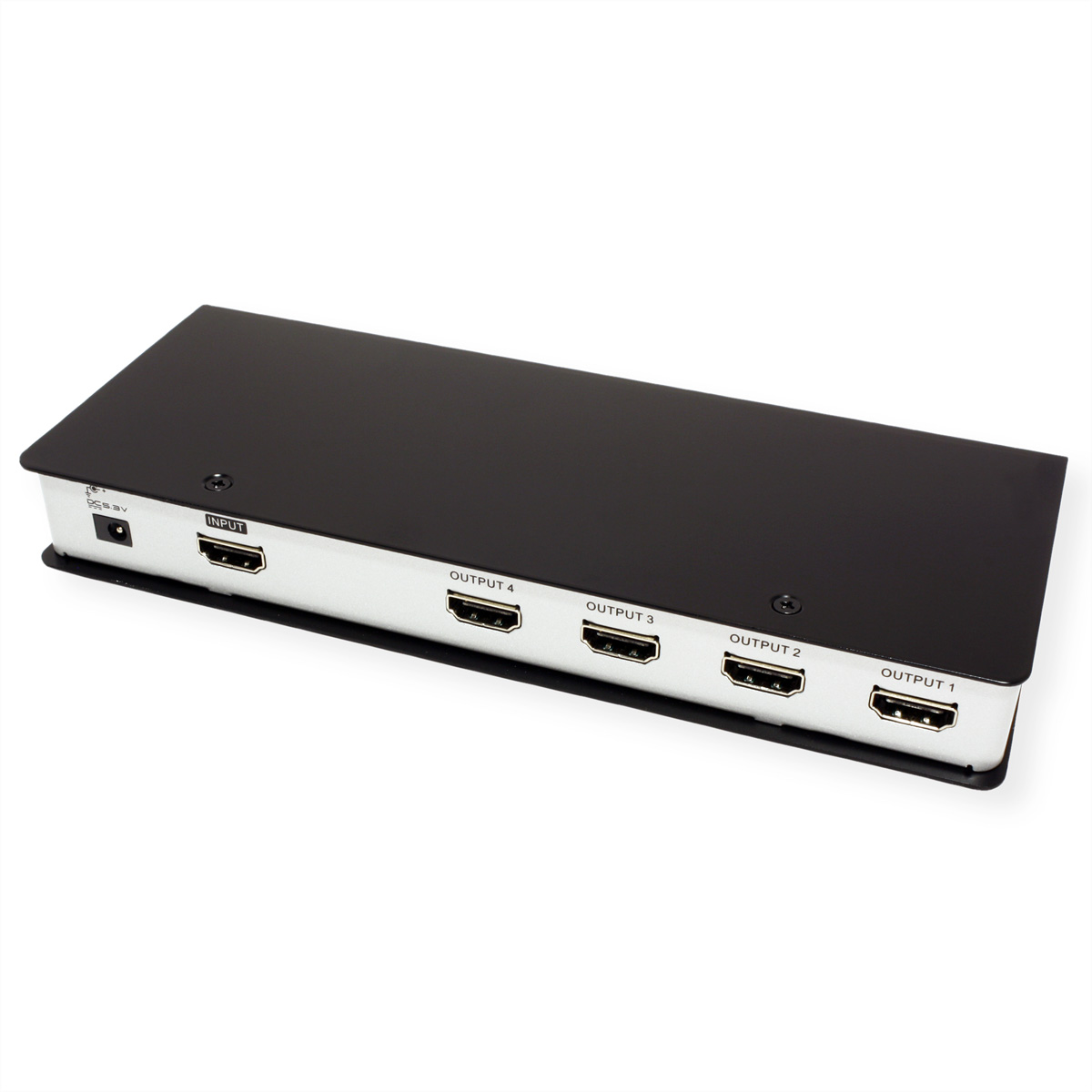 Schwarzer HDMI-Splitter mit vier Ausgängen und einem Eingang, auf weißer Oberfläche.