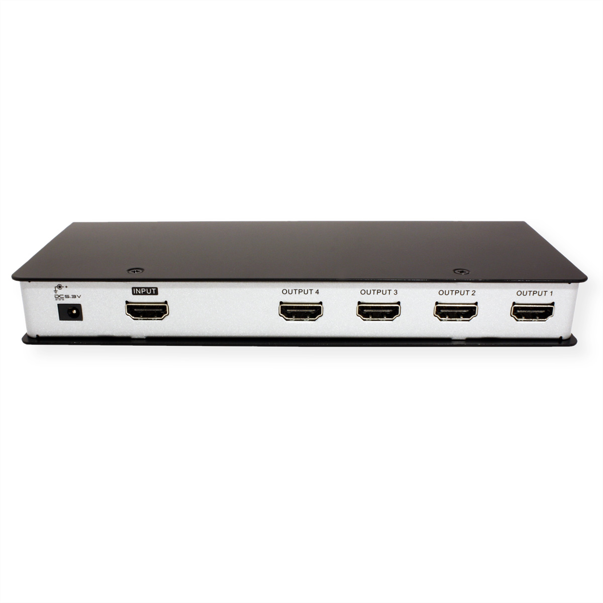 Schwarzes HDMI-Gerät mit silberner Oberseite. Es hat einen Eingang und vier HDMI-Ausgänge. Es ist auf weißem Hintergrund.