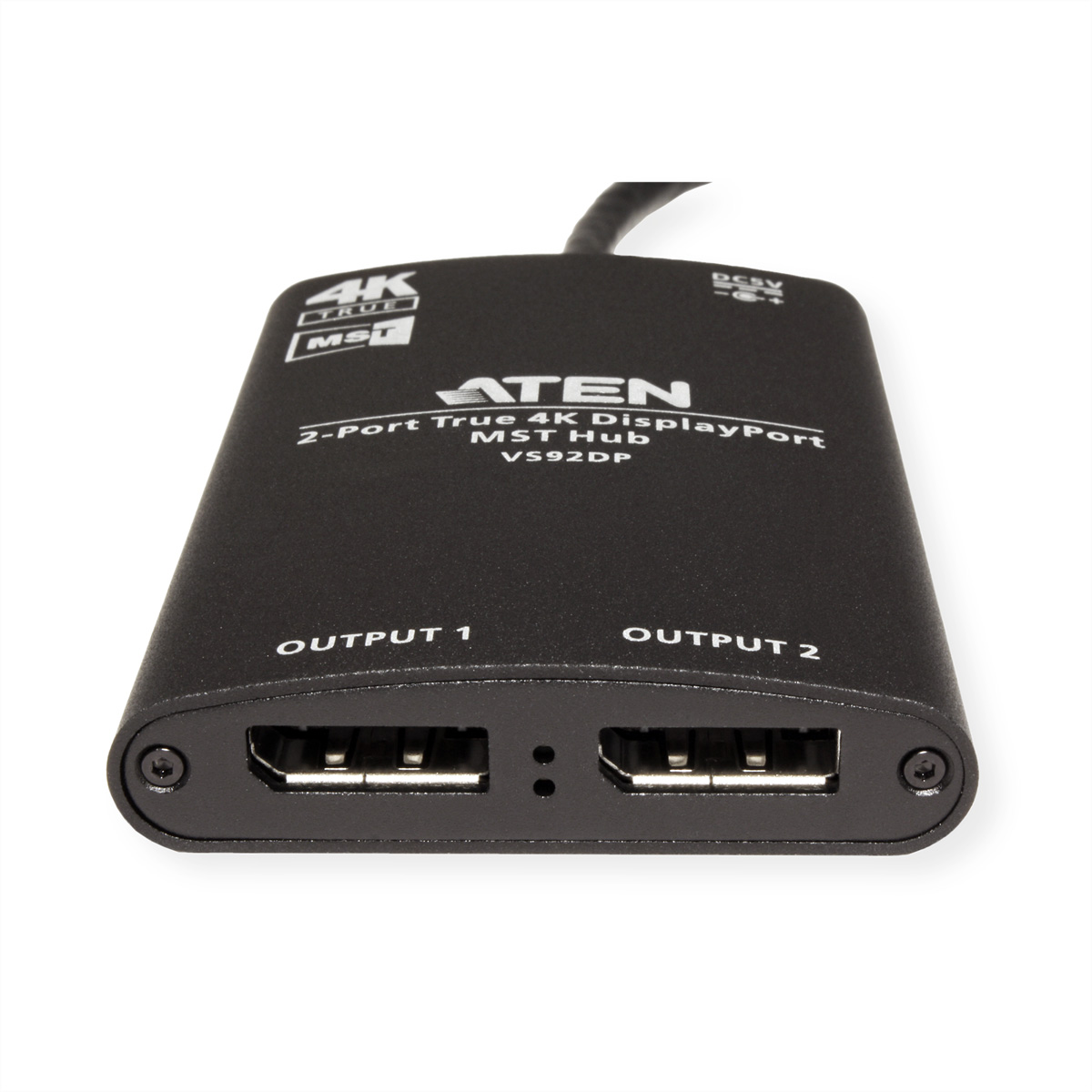A black Aten 2-port HDMI hub. It has output ports and text on the front.
