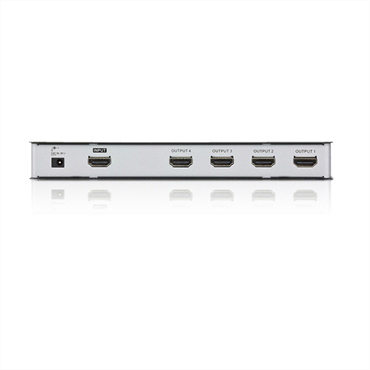 Schwarzer 4-Port-HDMI-Splitter mit Eingangs- und Ausgangsanschlüssen, vor weißem Hintergrund.