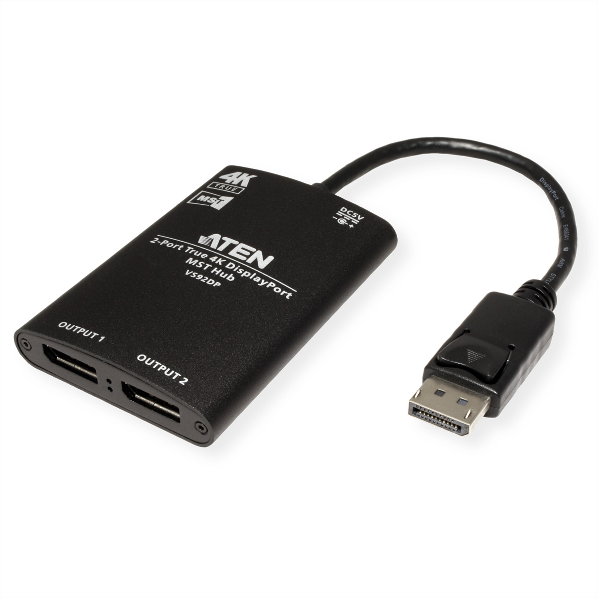 Black 2-port 4K DisplayPort hub. Has an attached cable with DisplayPort connector.