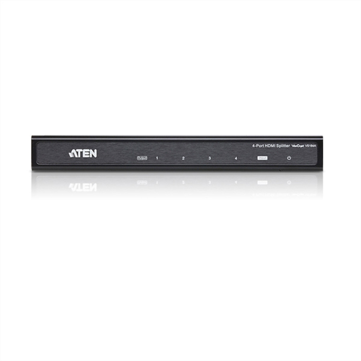Schwarzer HDMI-Splitter mit 4 Ausgangsanschlüssen. Weißer Hintergrund, zentrierte Ansicht.