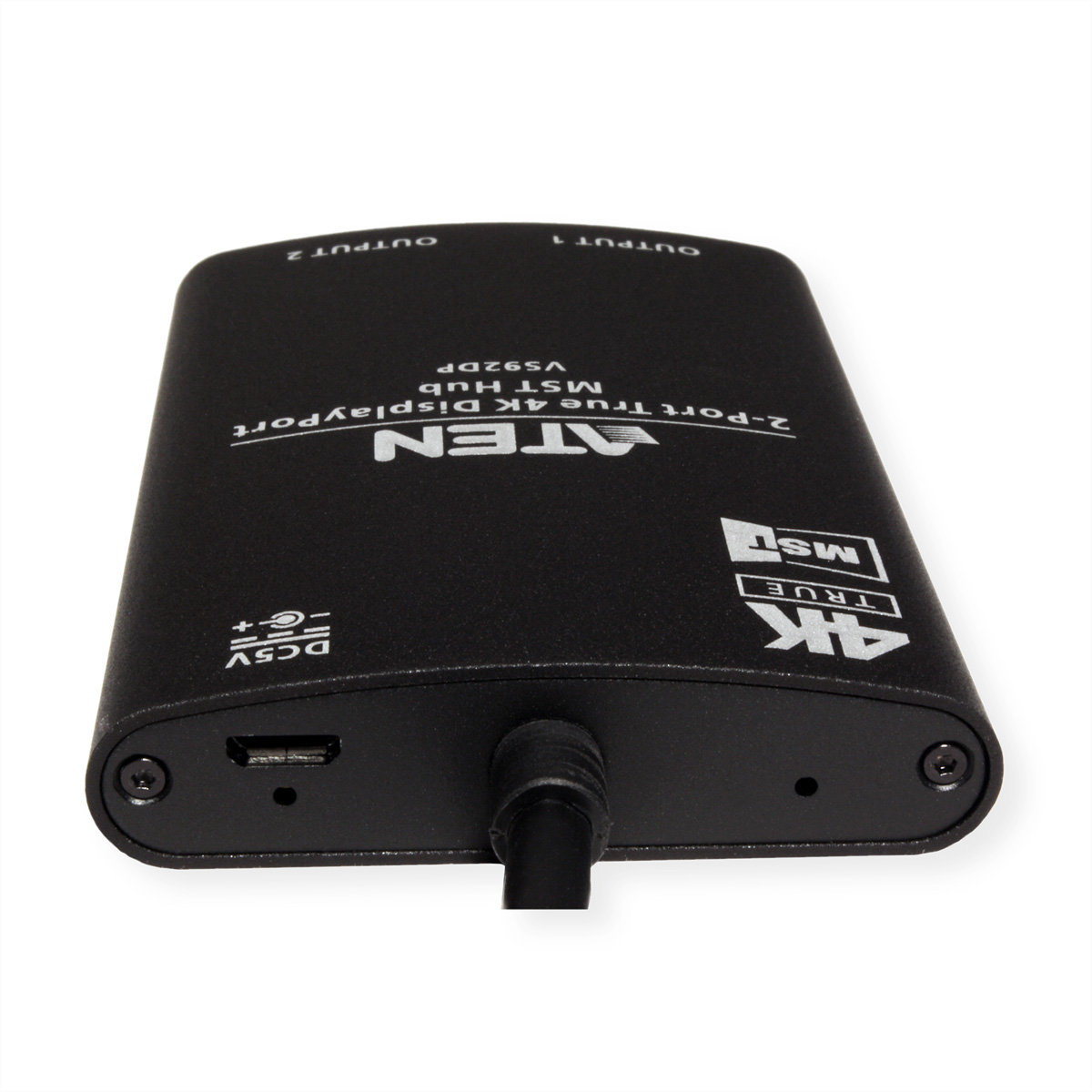 Black 2-port display port hub. The hub has text on it, including 4K and Aten branding.