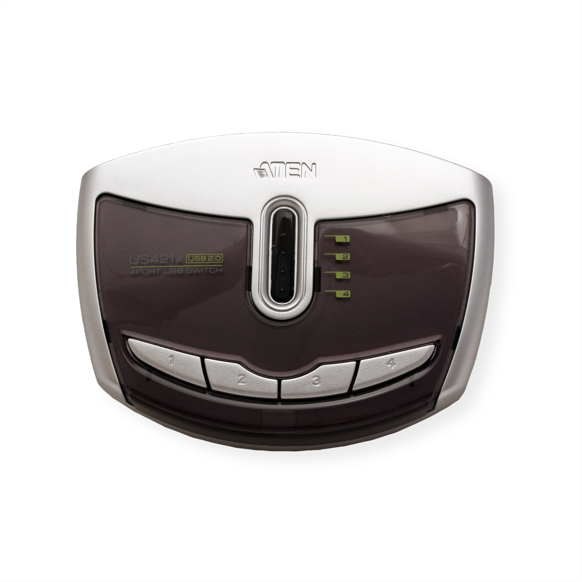 Zilver-zwarte USB-switch met vier knoppen met labels 1-4. De achtergrond is wit.