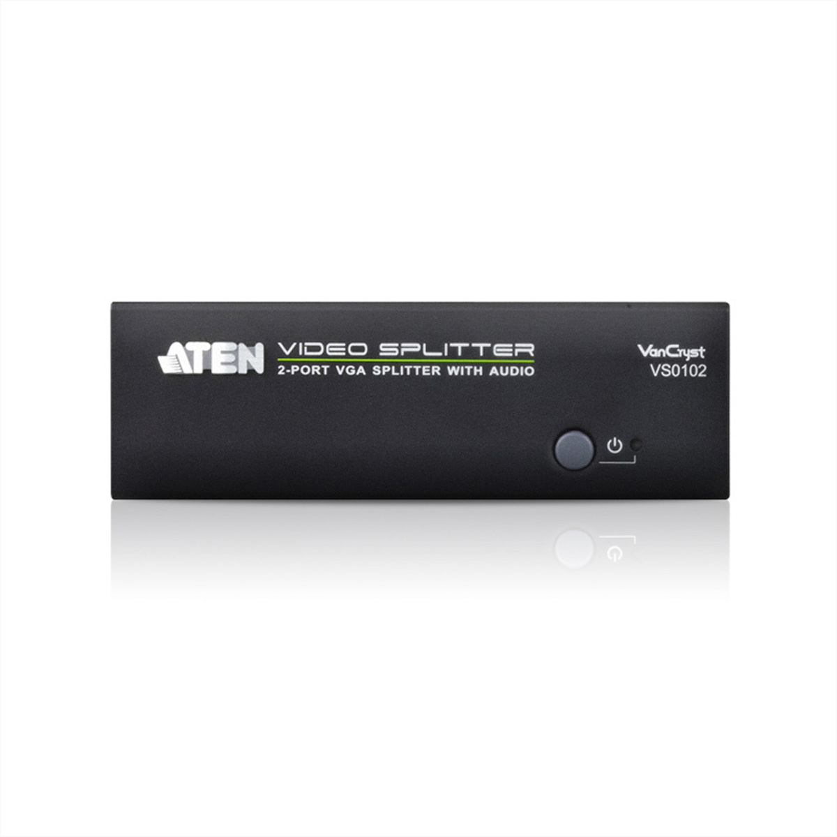 A black video splitter box. It has ATEN branding and a power button. White background.