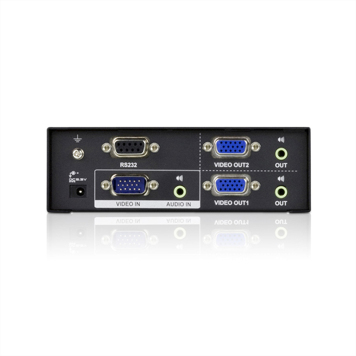 A black box with ports labeled RS232, Video In/Out, and Audio In/Out.