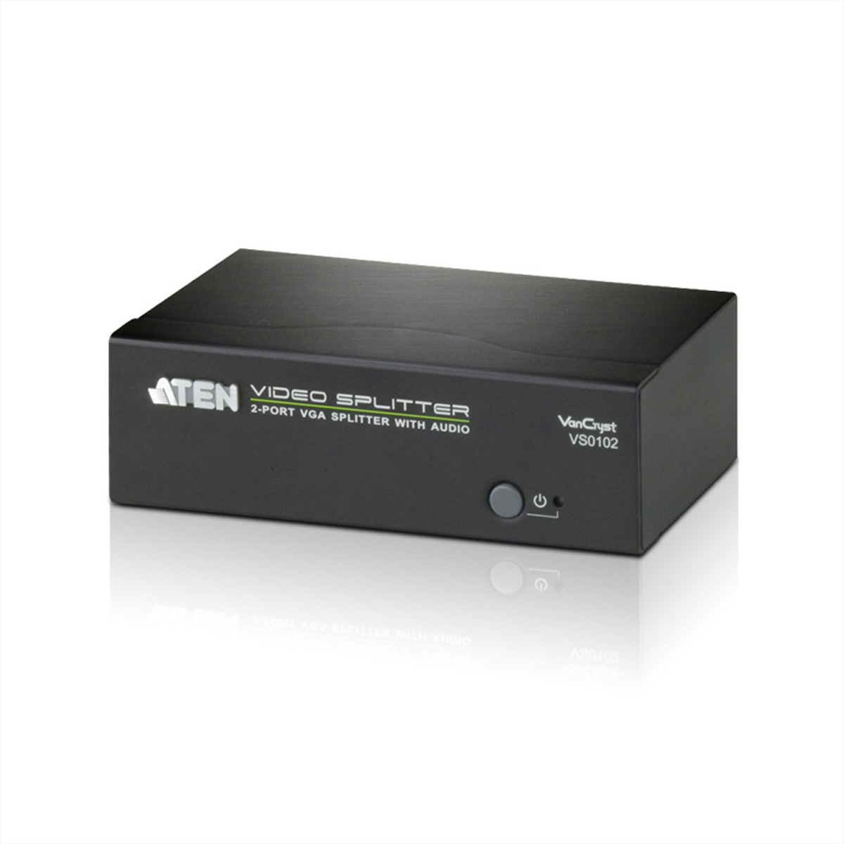 Black video splitter with two VGA ports, power button, and power indicator.
