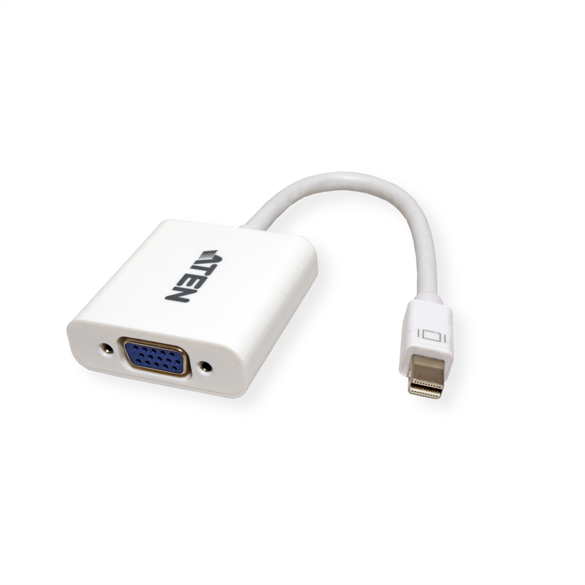 Adaptateur blanc avec connecteur VGA et mini DisplayPort. Logo "ATEN" sur l'adaptateur.
