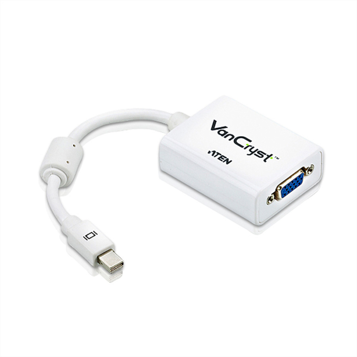 Adaptateur blanc avec un connecteur USB et VGA. Il est sur un fond blanc.