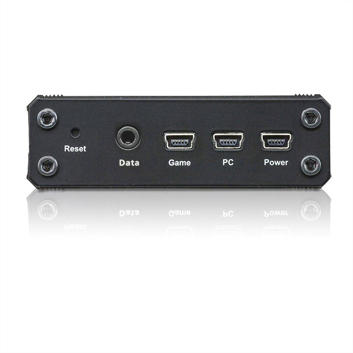 Schwarzes Gerät mit mehreren Anschlüssen, beschriftet mit 'Reset', 'Data', 'Game', 'PC' und 'Power', mit Schraubenlöchern.