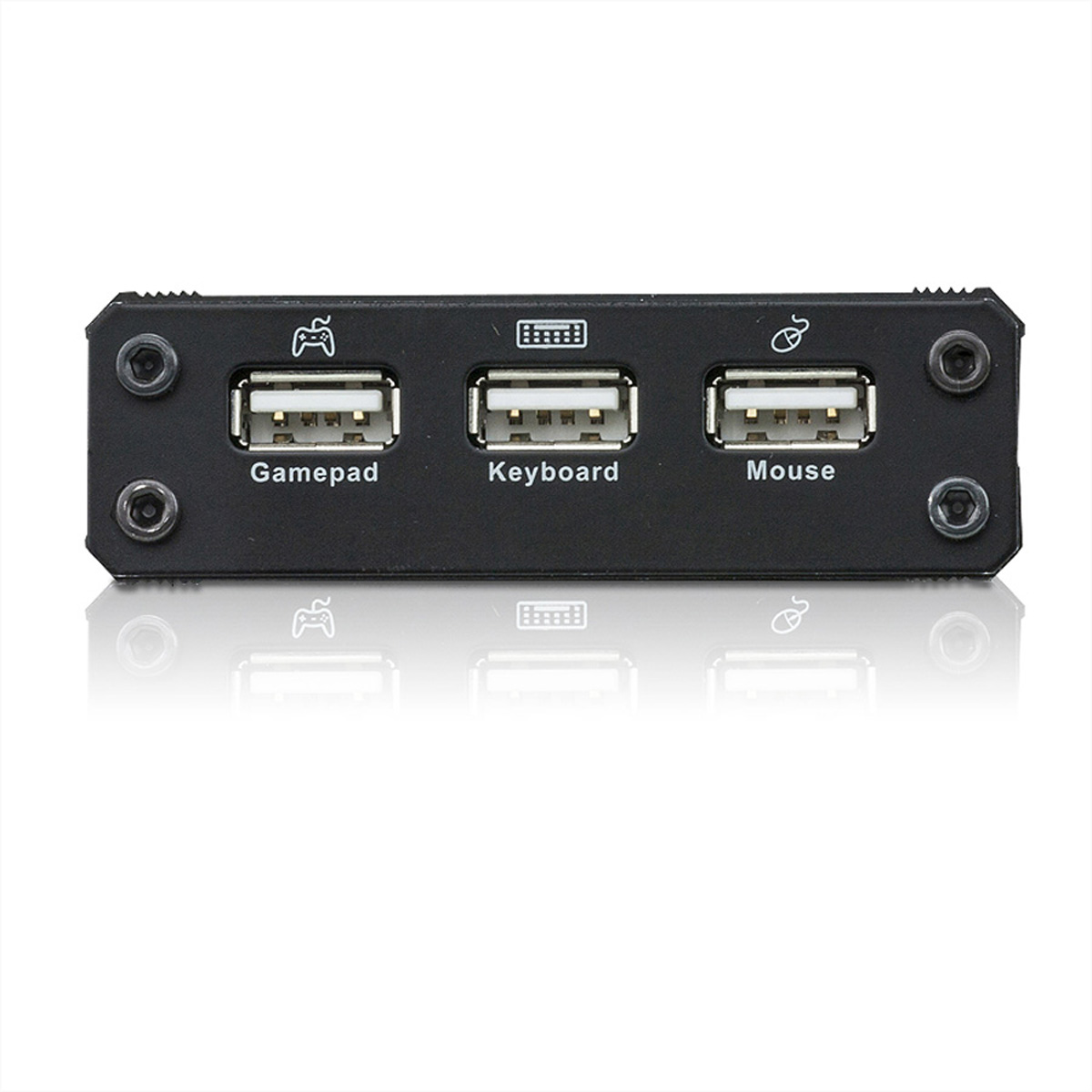 Schwarzer USB-Hub mit Gamepad-, Tastatur- und Mausanschlüssen. Reflektierende Oberfläche.