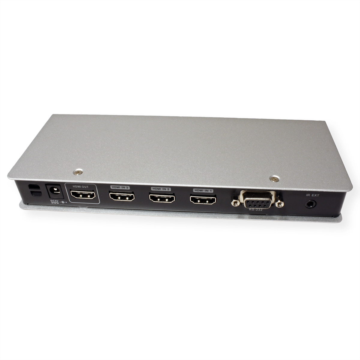 Silver HDMI switcher with multiple ports and a power input on a white surface.