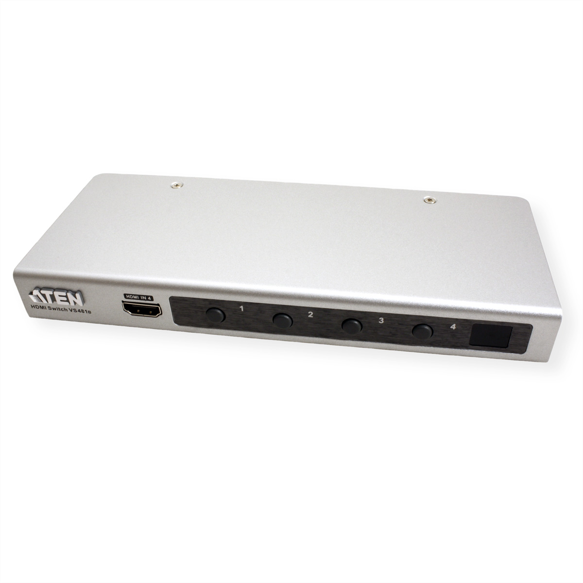 Silver HDMI switch with input and buttons.