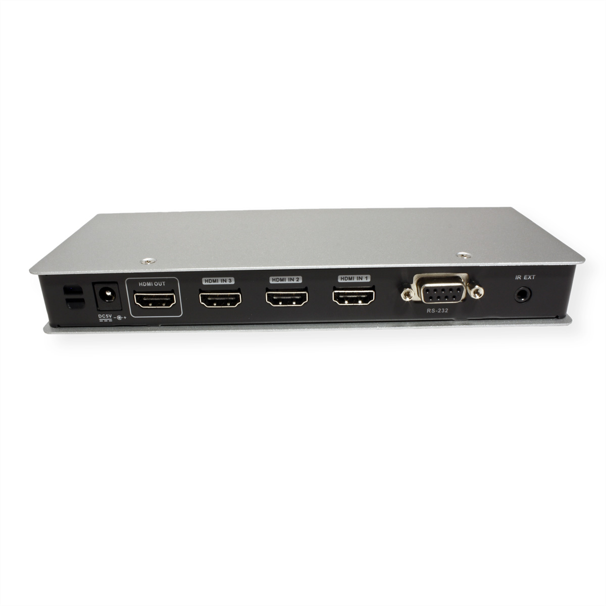 A silver HDMI device showing different ports and connections.