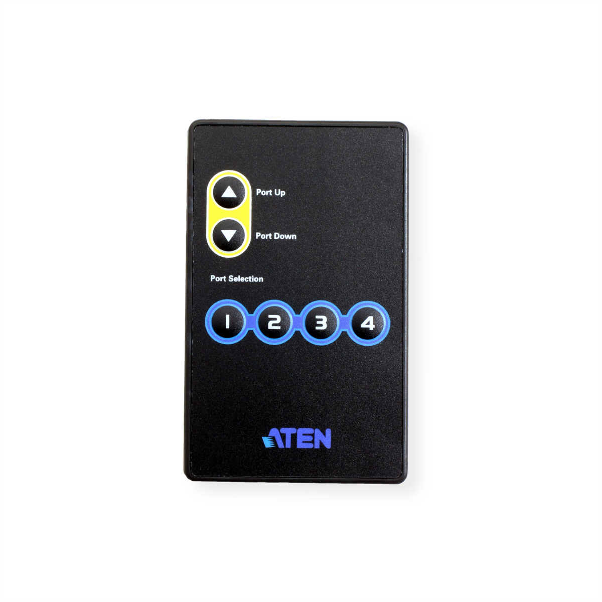 Black ATEN device with buttons labeled 'Port Up', 'Port Down', and port selection buttons.