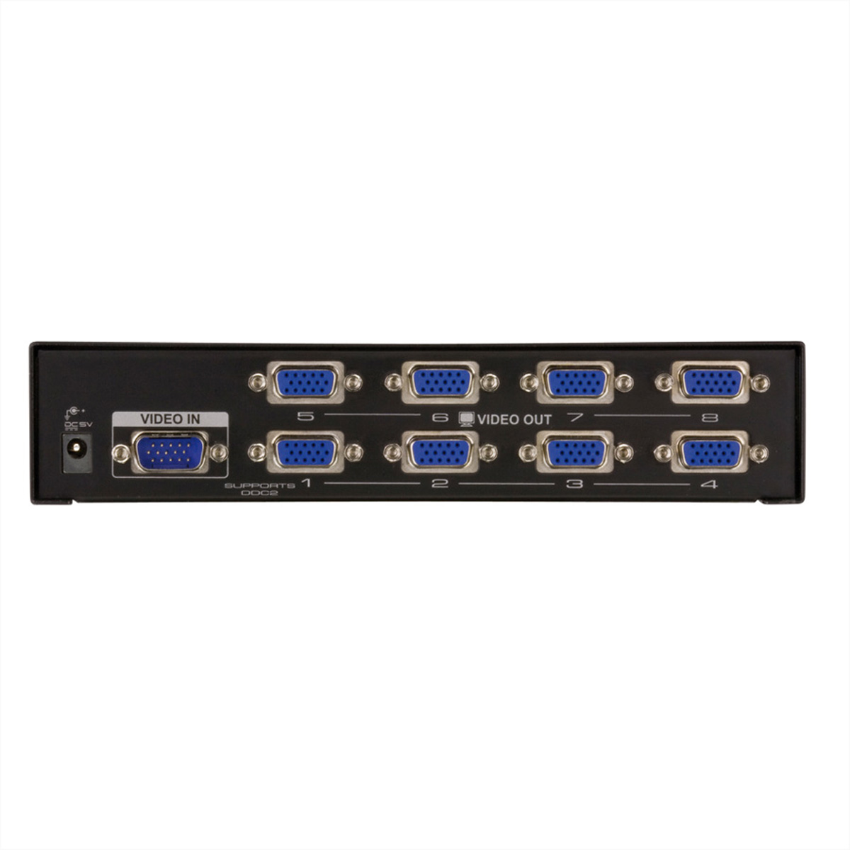 A black device with multiple blue ports. The text VIDEO IN and VIDEO OUT is visible.
