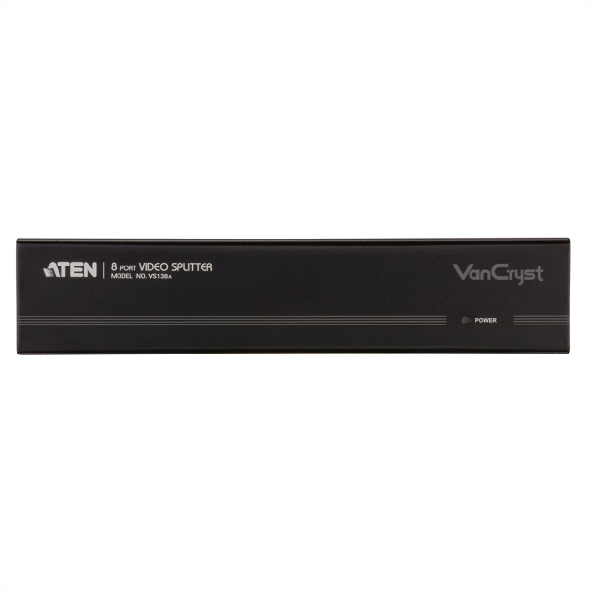 Black video splitter with text that says ATEN, 8 PORT VIDEO SPLITTER, and VanCryst.