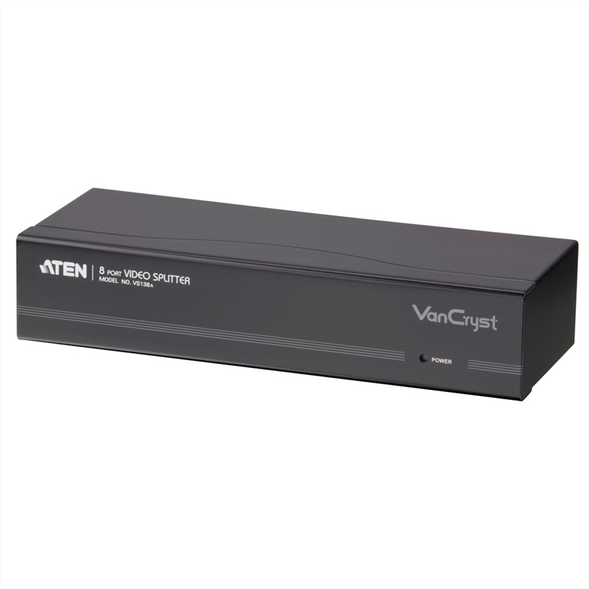 Black video splitter with white text on a white background.