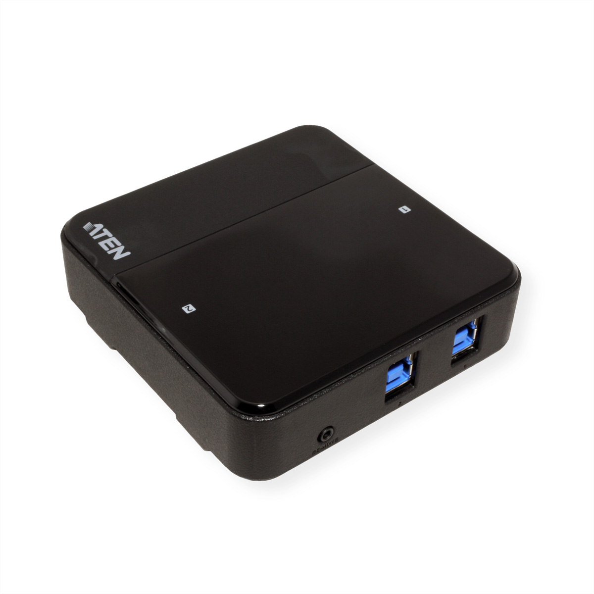 Un hub USB noir avec des ports USB et le logo ATEN. Il est posé sur une surface blanche.