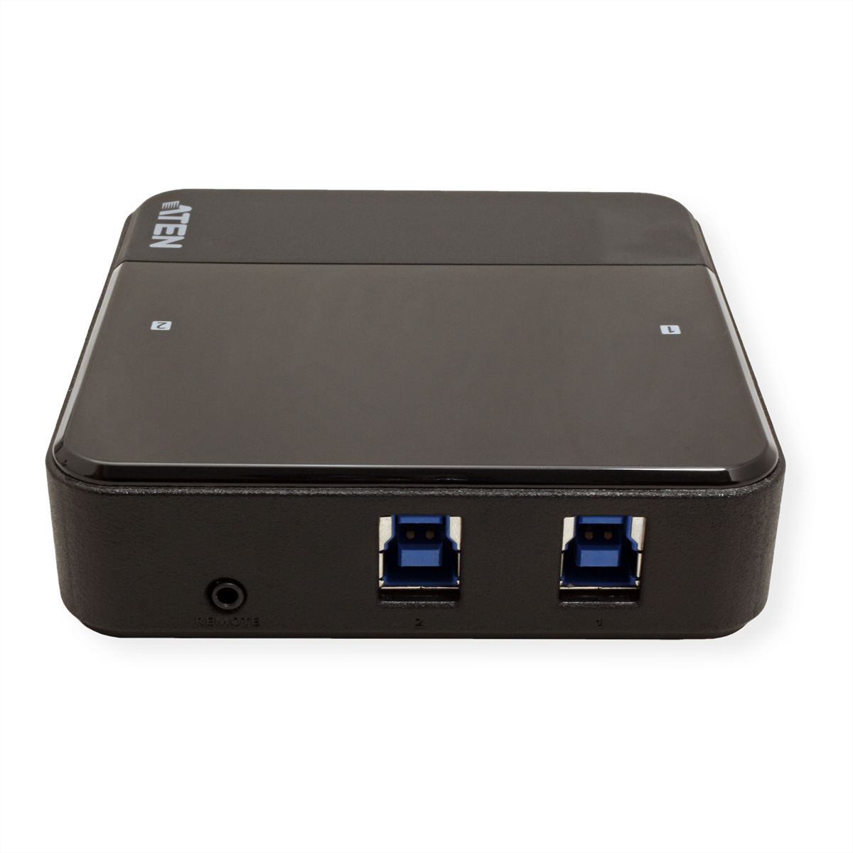 Hub USB noir avec deux ports USB et un port audio, vue de dessus.