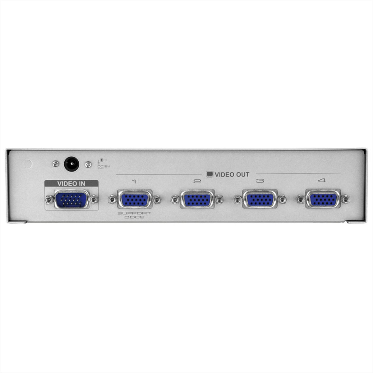 A silver VGA video switcher with one input and four output ports.